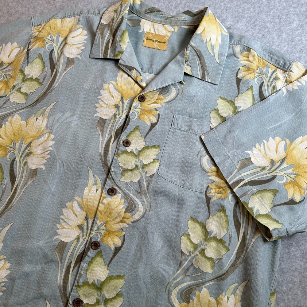 Tommy Bahama Mens L Silk Hawaiian Shirt Blue Yellow Floral Camp Short Sleeve